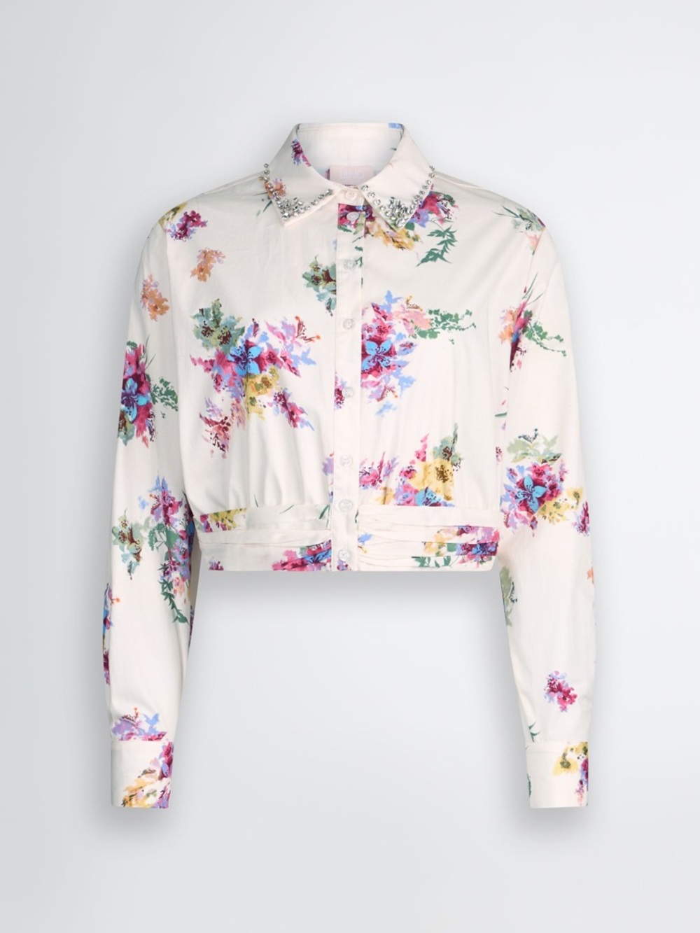 Liu Jo Cream Floral Cropped Button-Up Blouse with Embellished Collar